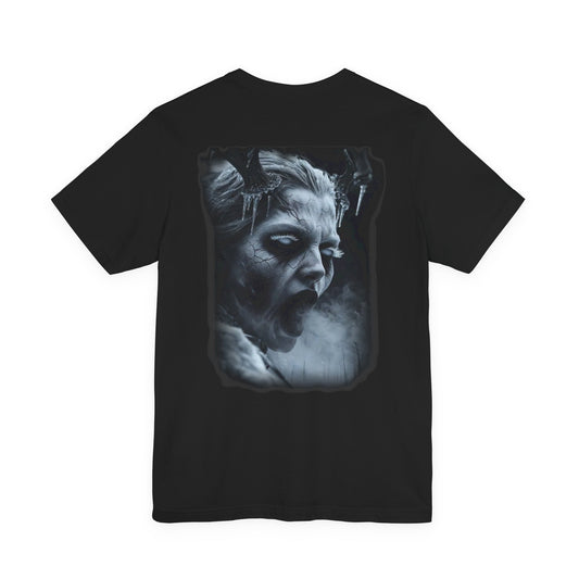 Black t-shirt with graphic of a screaming face with horns, ice, and smoke.