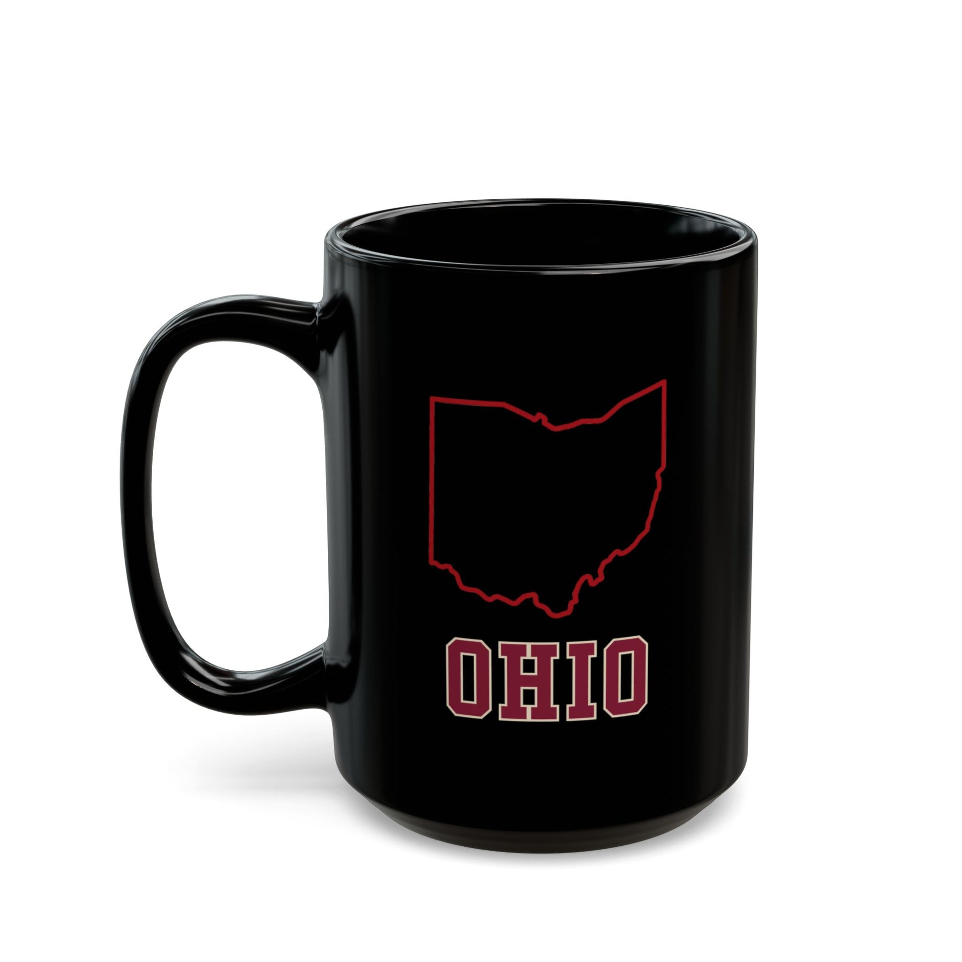 Black ceramic mug with Ohio outline and text.