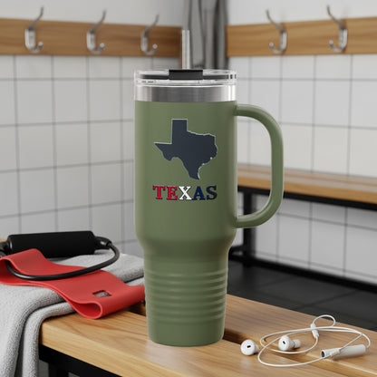 Olive green travel mug with Texas outline and text.