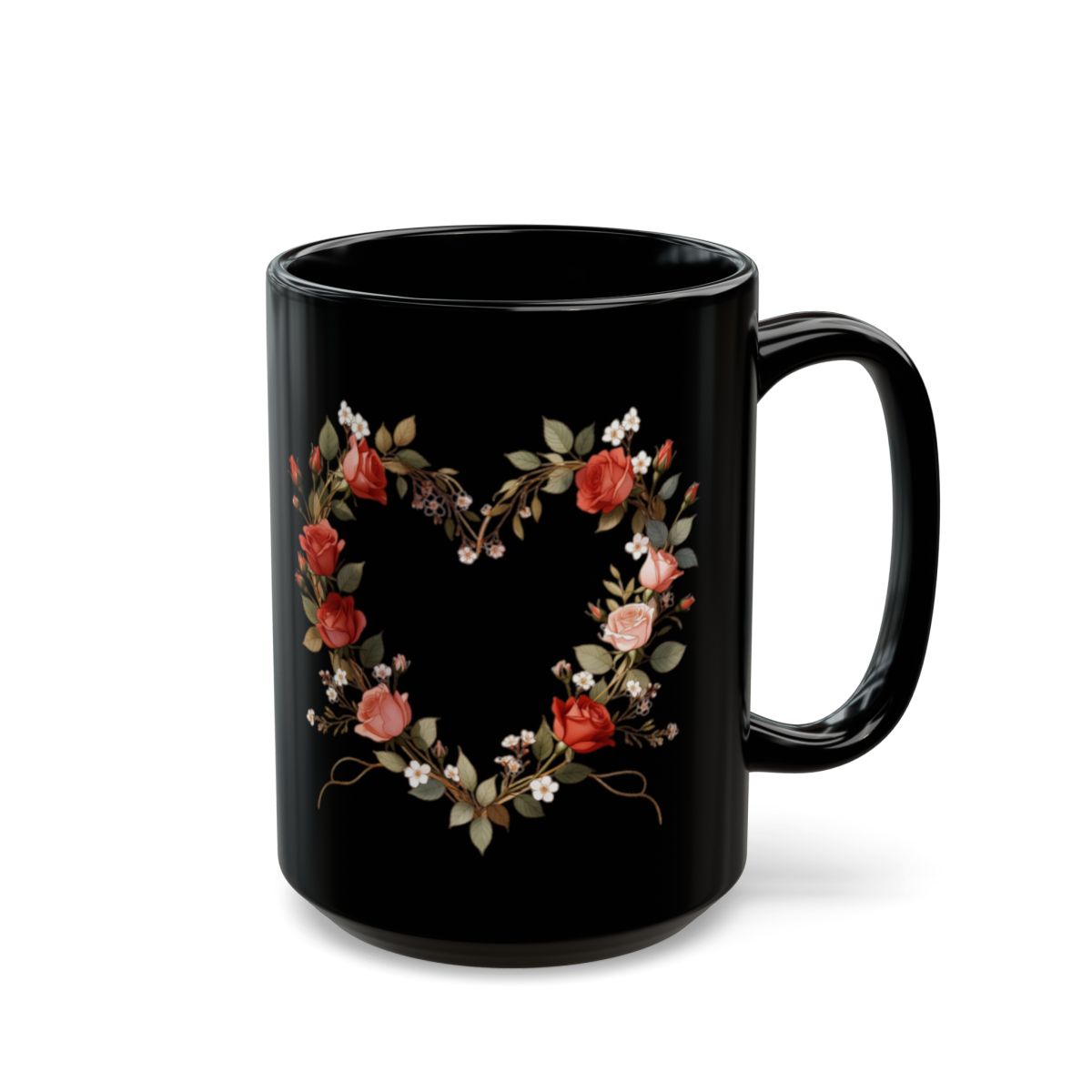 Floral Heart Design Black Mug Coffee or Tea Cup