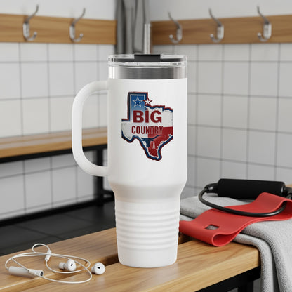 White tumbler with "Big Country" and Texas map graphic.