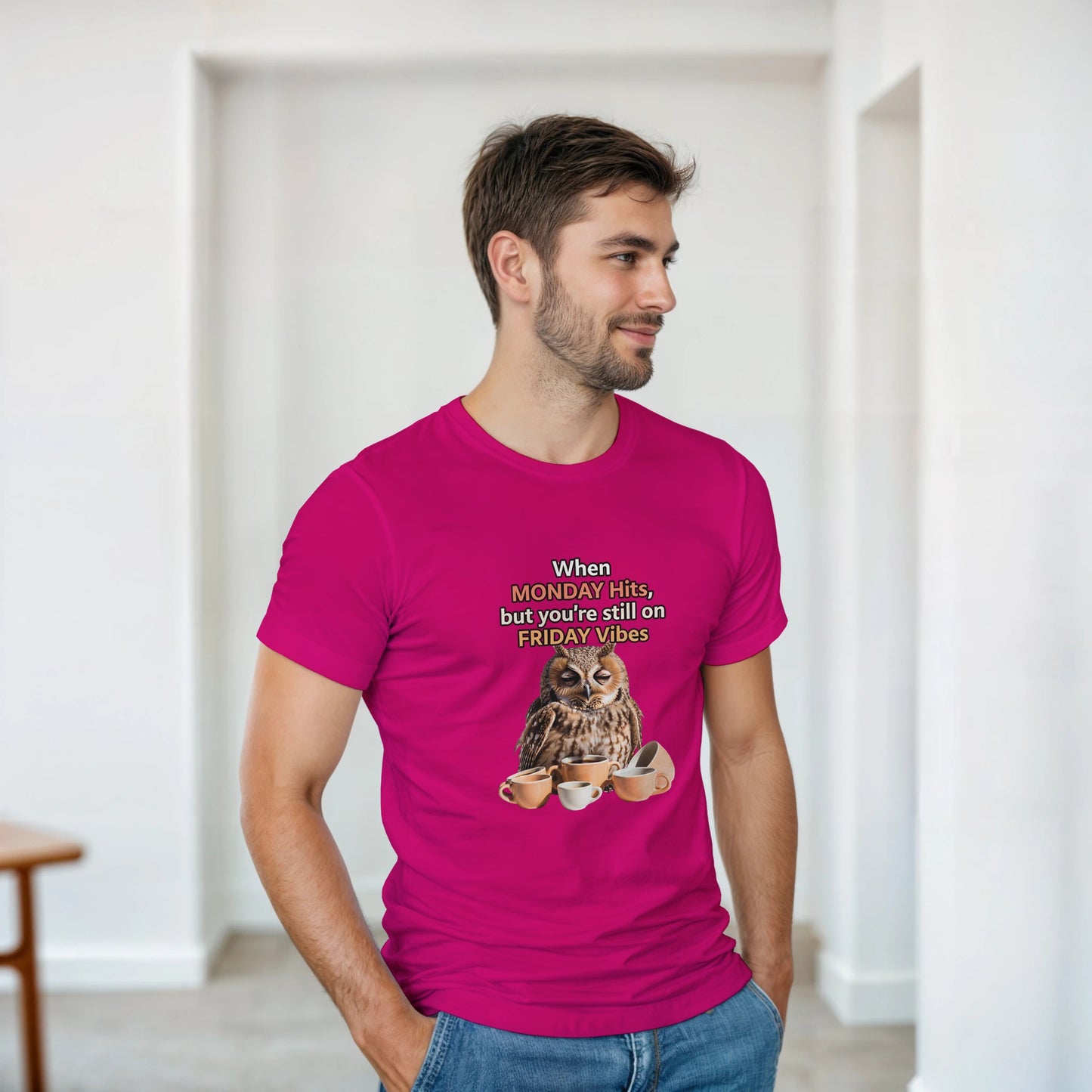 When MONDAY Hits, But You're Still On FRIDAY Vibes Owl on a Heavyweight T on a shirt
