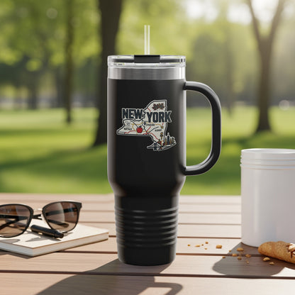 Tumbler with New York state outline graphic and city names.