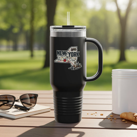 Tumbler with New York state outline graphic and city names.