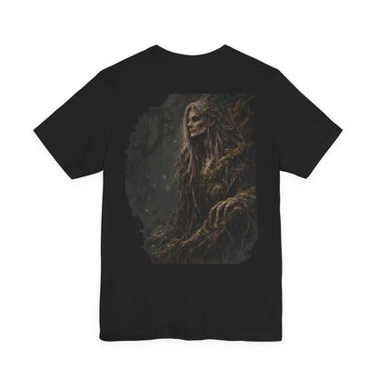 Fantasy tree creature with moss and vines, dark forest background.