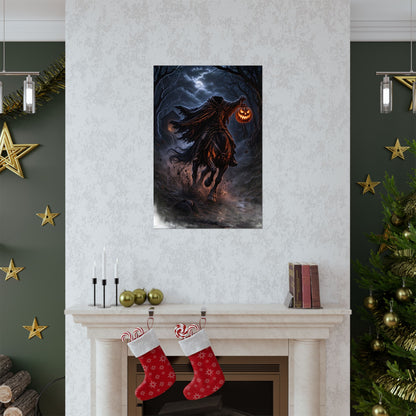 The Headless Horseman rides through a stormy, moonlit forest, holding a jack-o'-lantern.