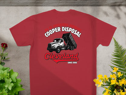 Red t-shirt with Cooper Disposal truck and Cleveland text.
