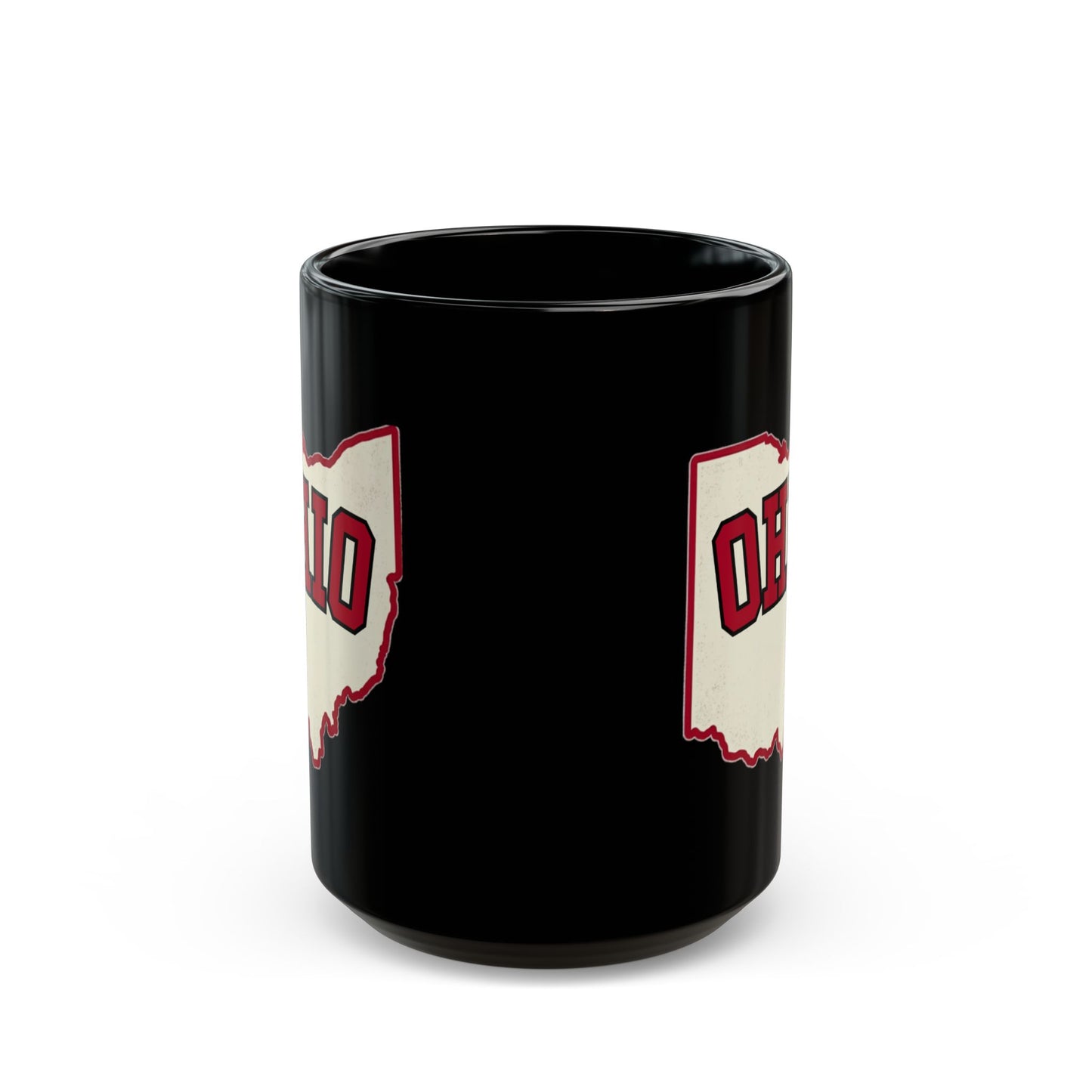 Black mug with "OHIO" text in a cream and red outline.