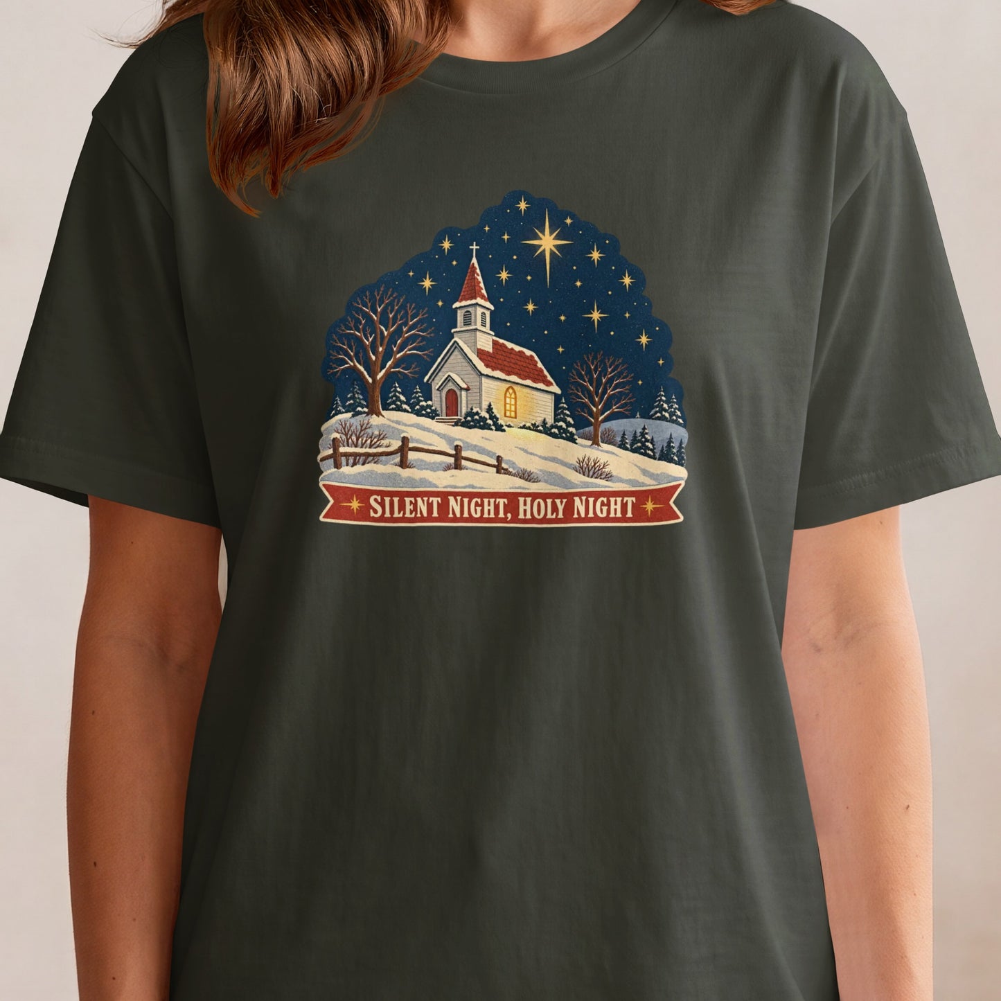Christmas church scene with stars and text "Silent Night, Holy Night".