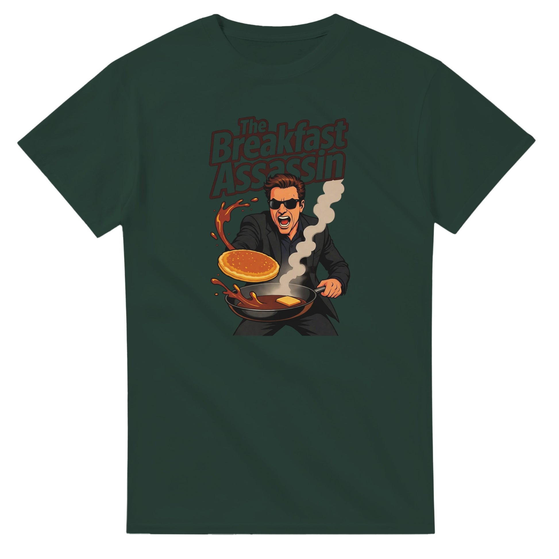 The Breakfast Assassin graphic design on a Heavyweight T-shirt