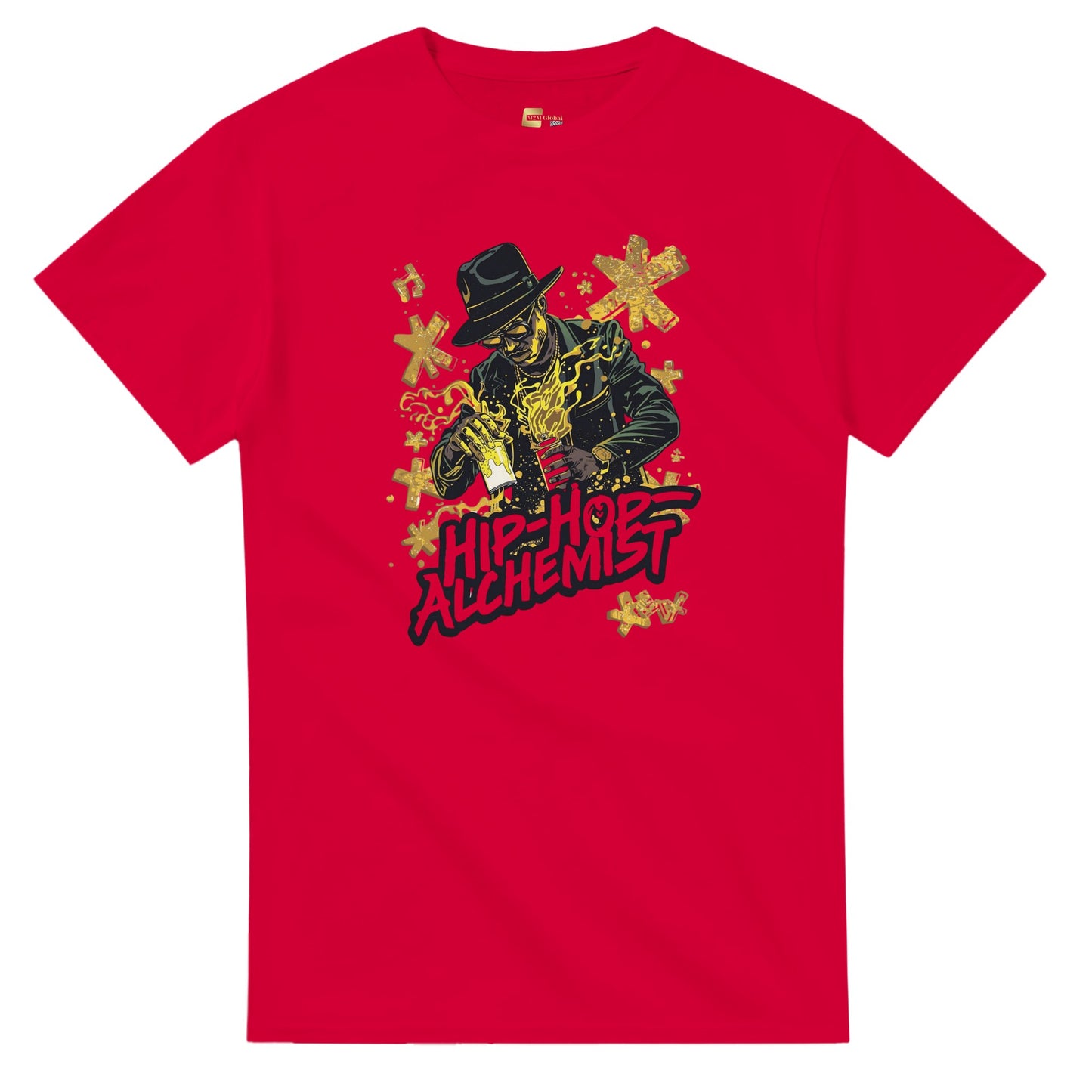 Man wearing a red t-shirt with a graphic design, holding shopping bags in a blurred indoor setting