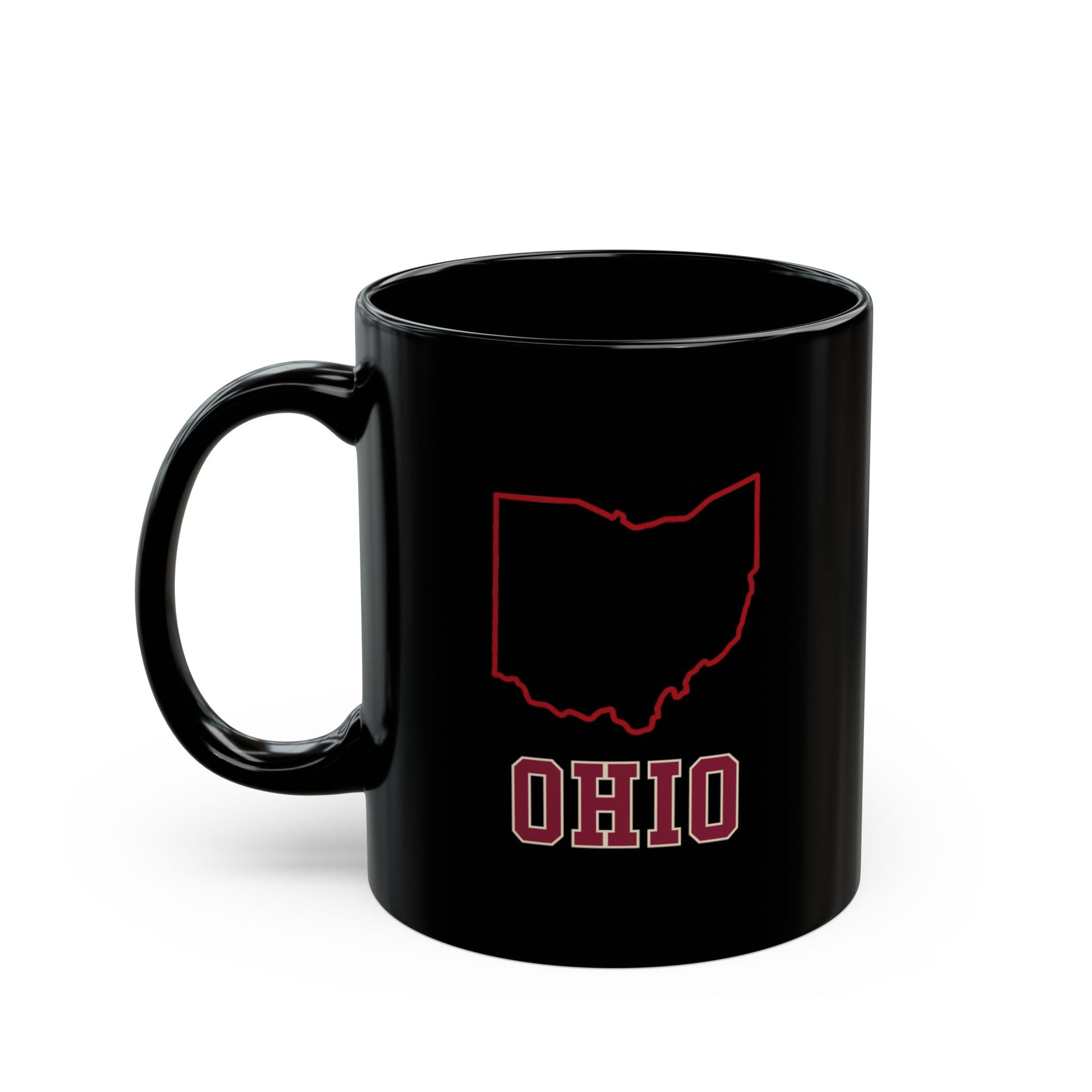 Black mug with Ohio outline and text.