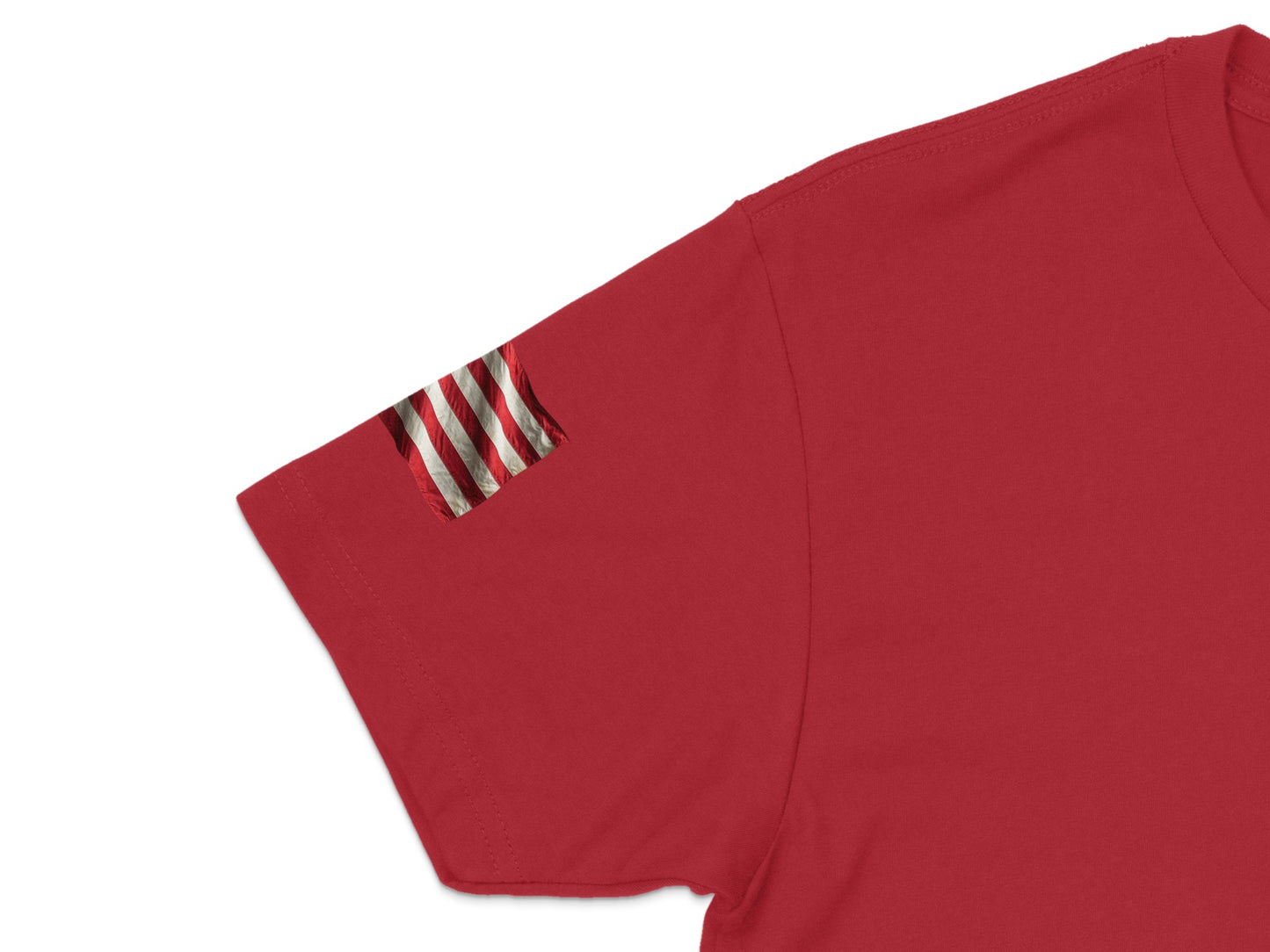 Red t-shirt with a small American flag patch on the left sleeve.