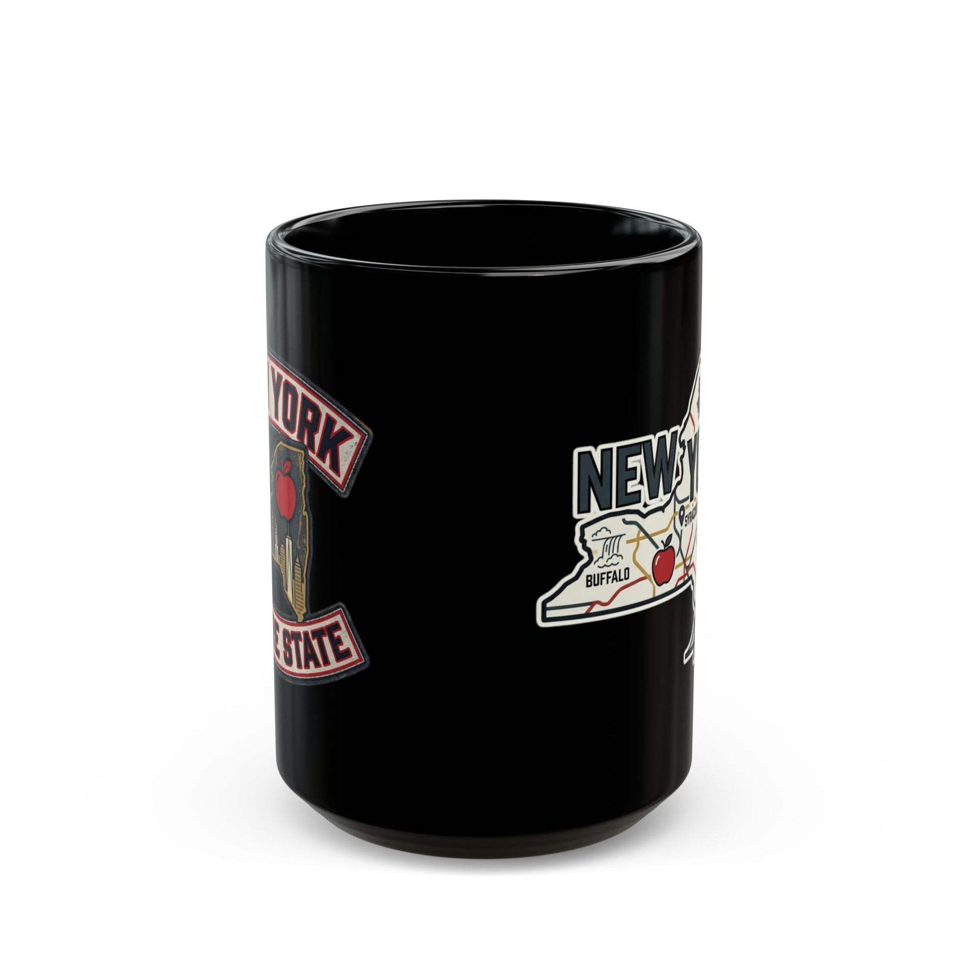 Black mug with New York State map and city icons.