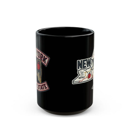 Black mug with New York State map and city icons.