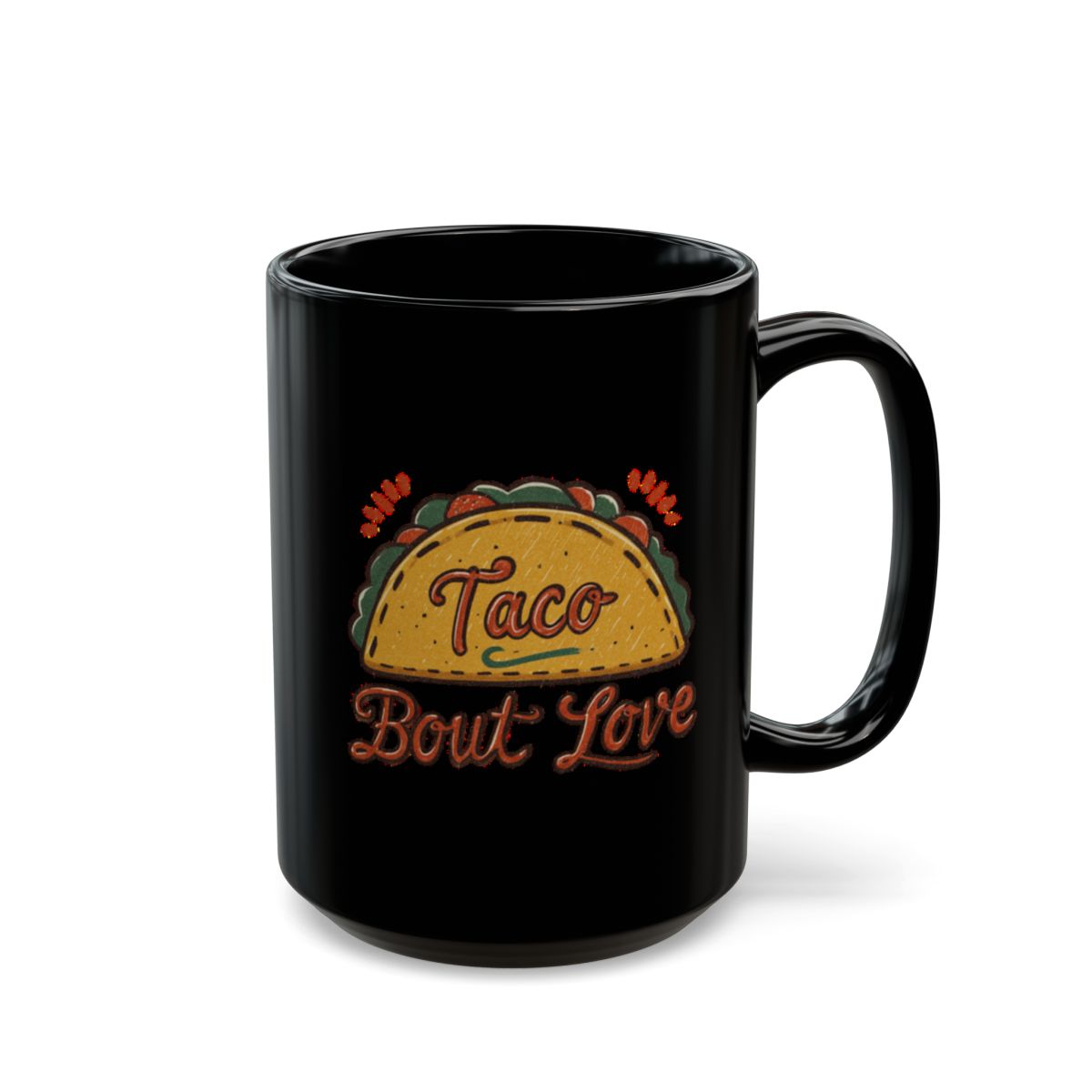 Taco 'Bout Love phrase with a Vintage & Retro design on an 11/15oz Black Mug