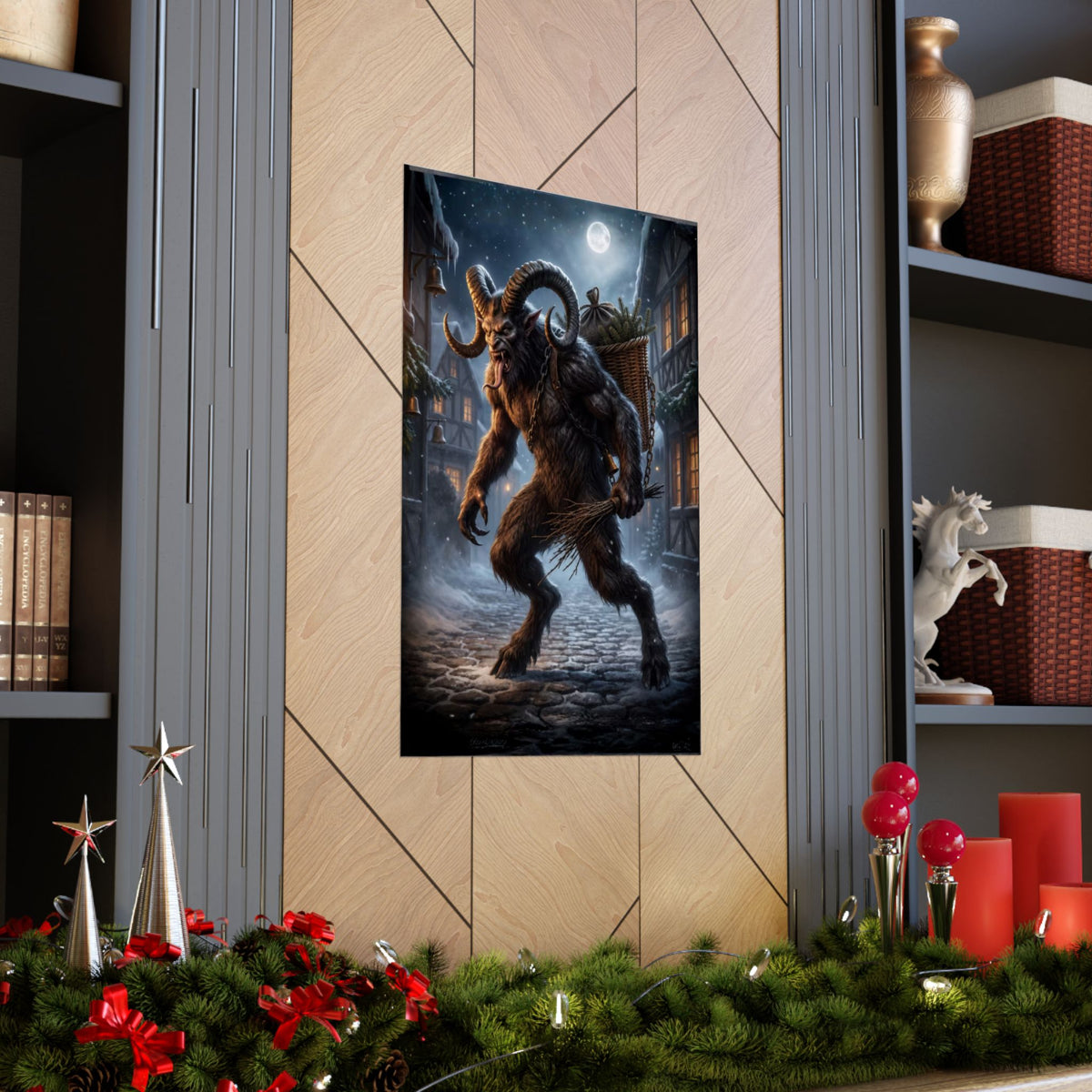 Krampus on a cobblestone street with a basket of gifts and birch branches under a full moon.