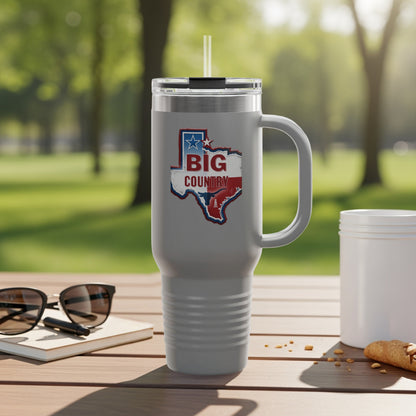 Texas-shaped tumbler with "Big Country" text and a USA flag design.