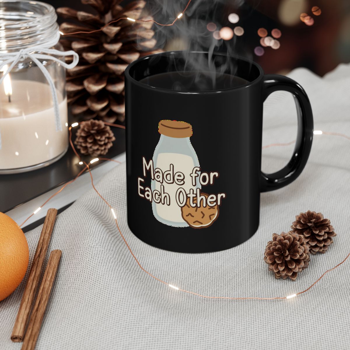 Milk and Cookies image with Made for Each Other text phrase on an 11/15oz Black Mug