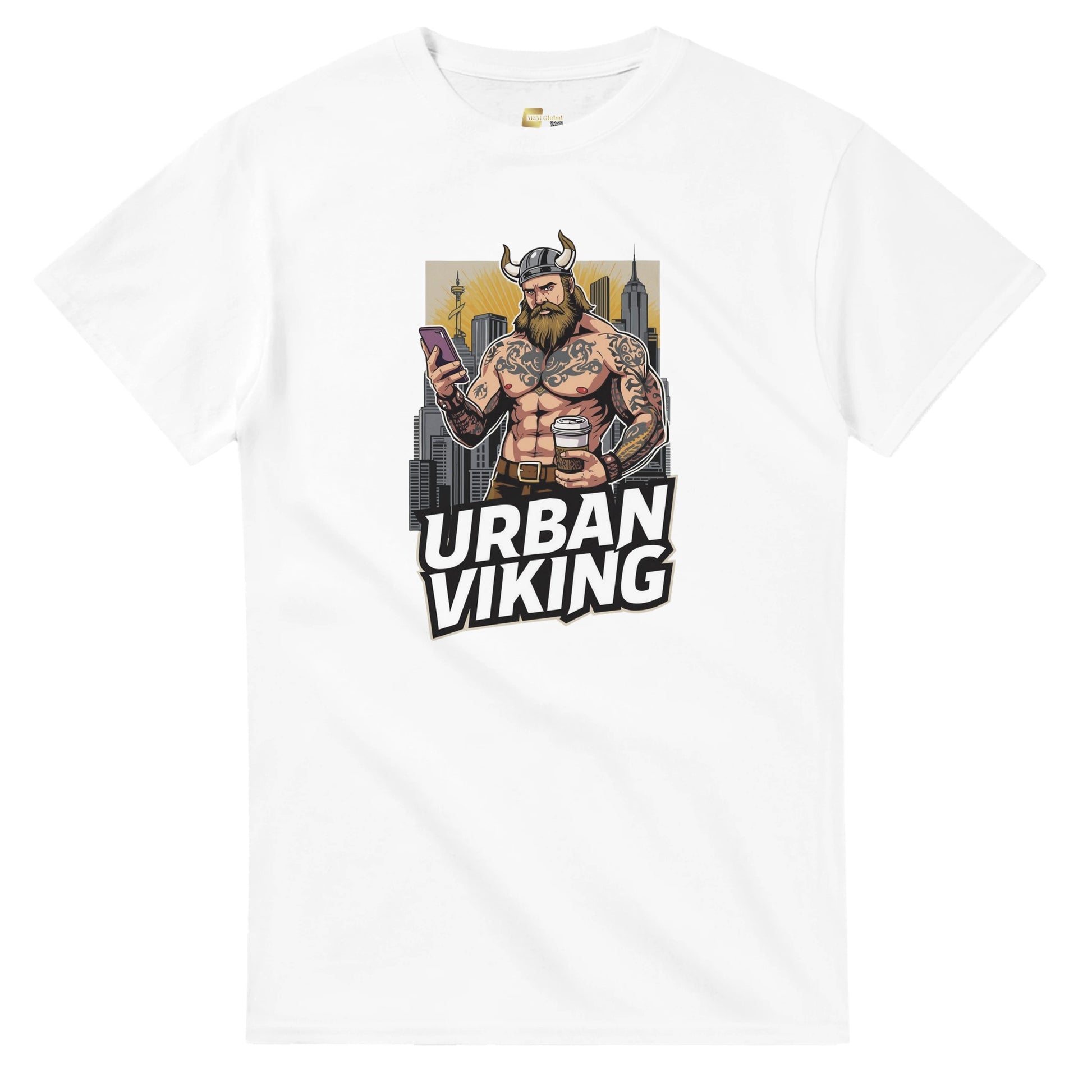 Person wearing a gray t-shirt with 'Urban Viking' graphic design in an indoor setting