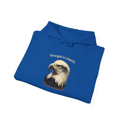 Strength in Liberty text above an eagle head on a Pullover Hoodie