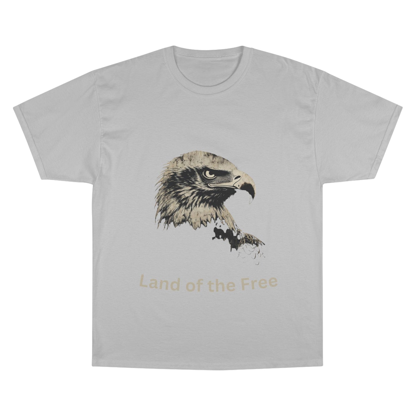 Land of the Free text below an eagle head on a Champion Tee