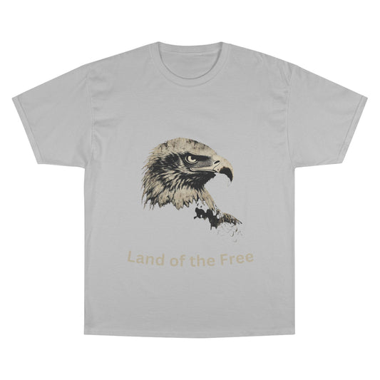 Land of the Free text below an eagle head on a Champion Tee