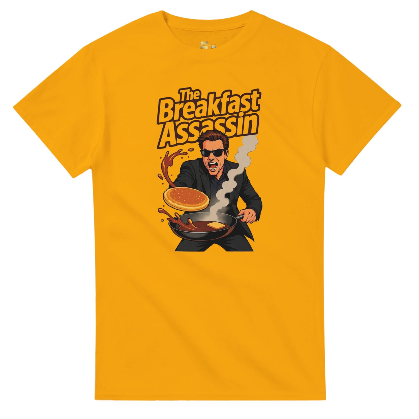 The Breakfast Assassin graphic design on a Heavyweight T-shirt