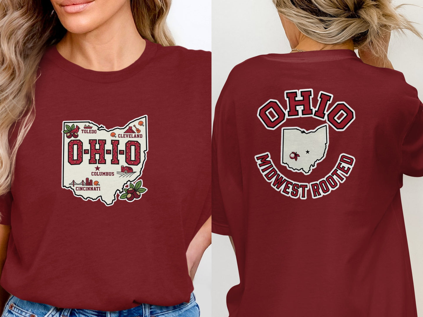 Burgundy t-shirt with Ohio cities on front and "Ohio Midwest Rooted" on back.