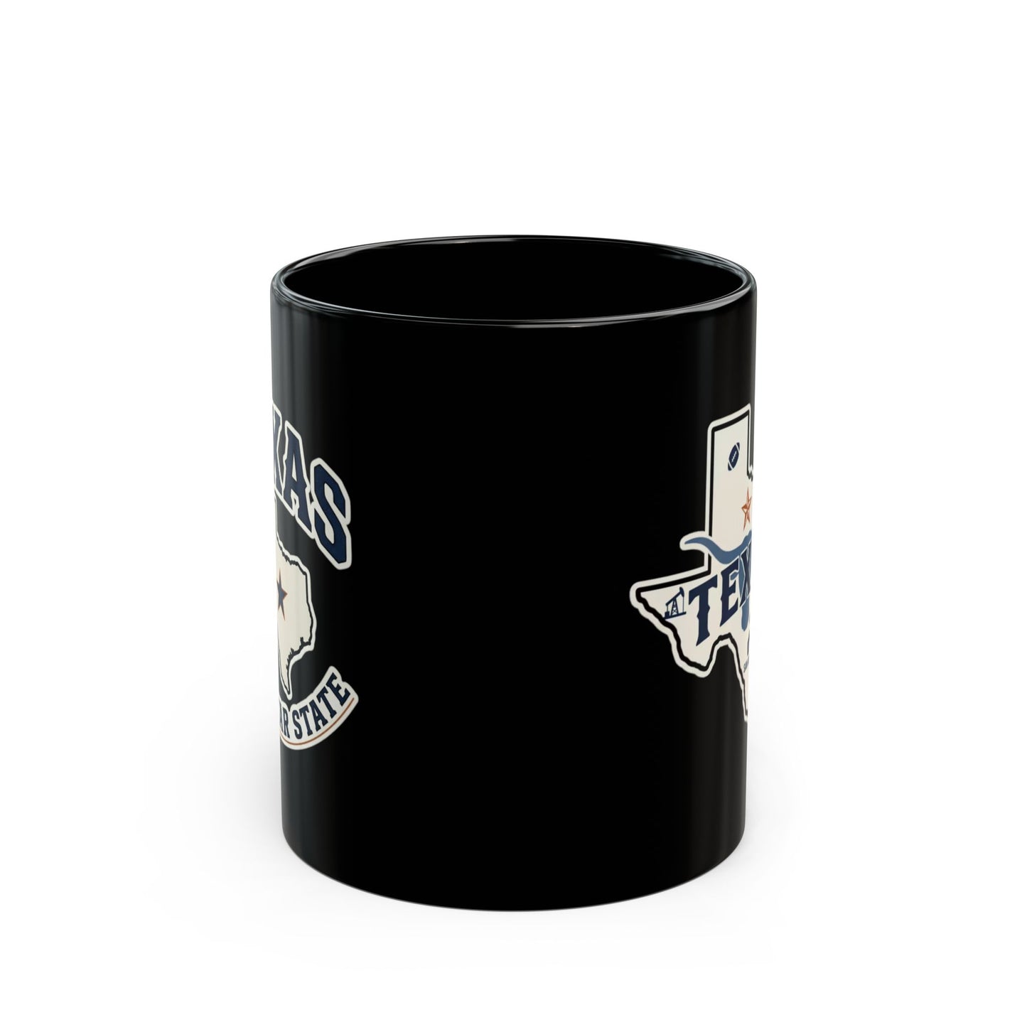 Black mug with Texas Lone Star State graphic and lettering.