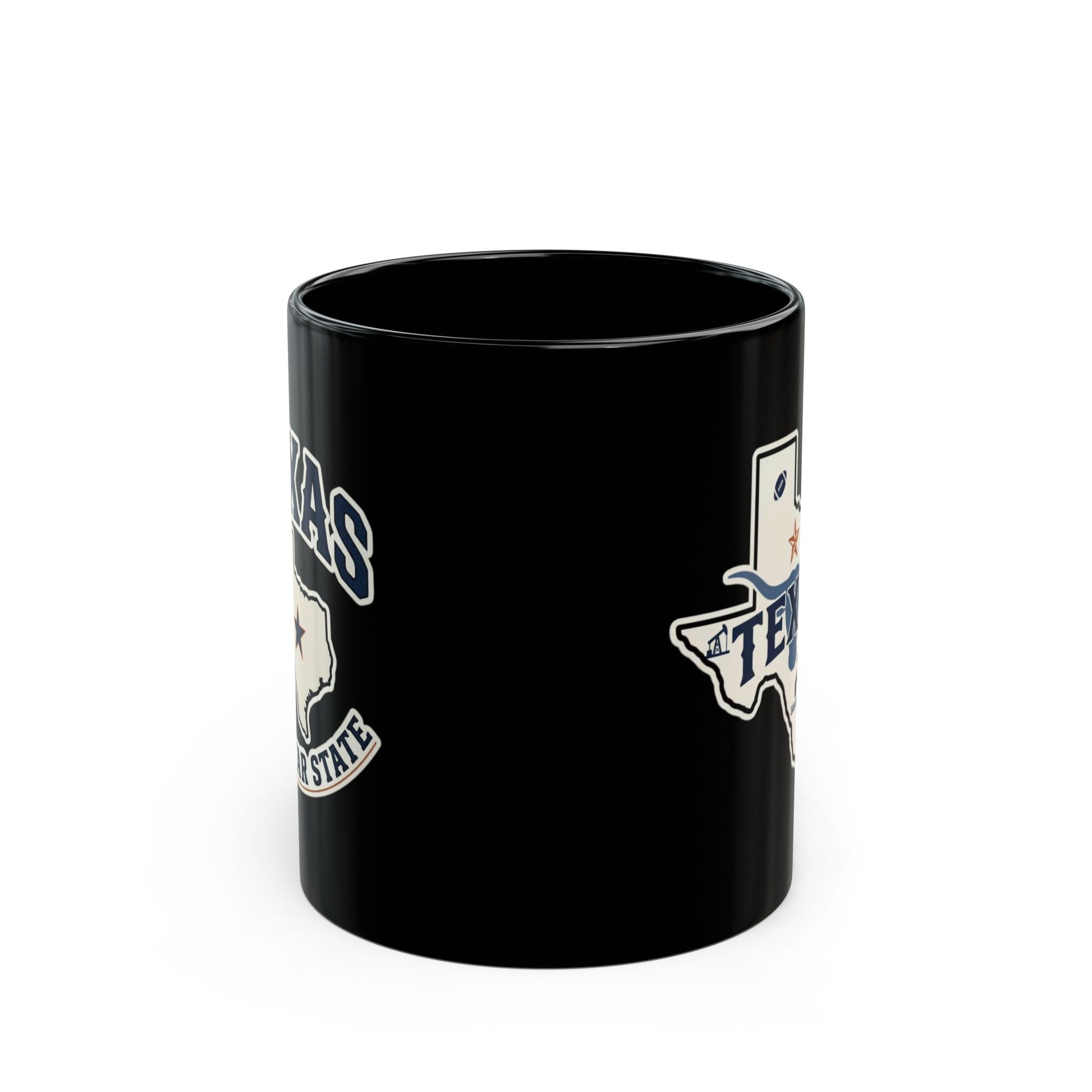 Black mug with Texas Lone Star State graphic and lettering.