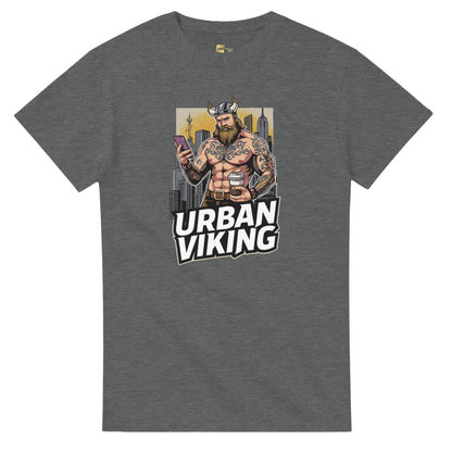 Person wearing a gray t-shirt with 'Urban Viking' graphic design in an indoor setting