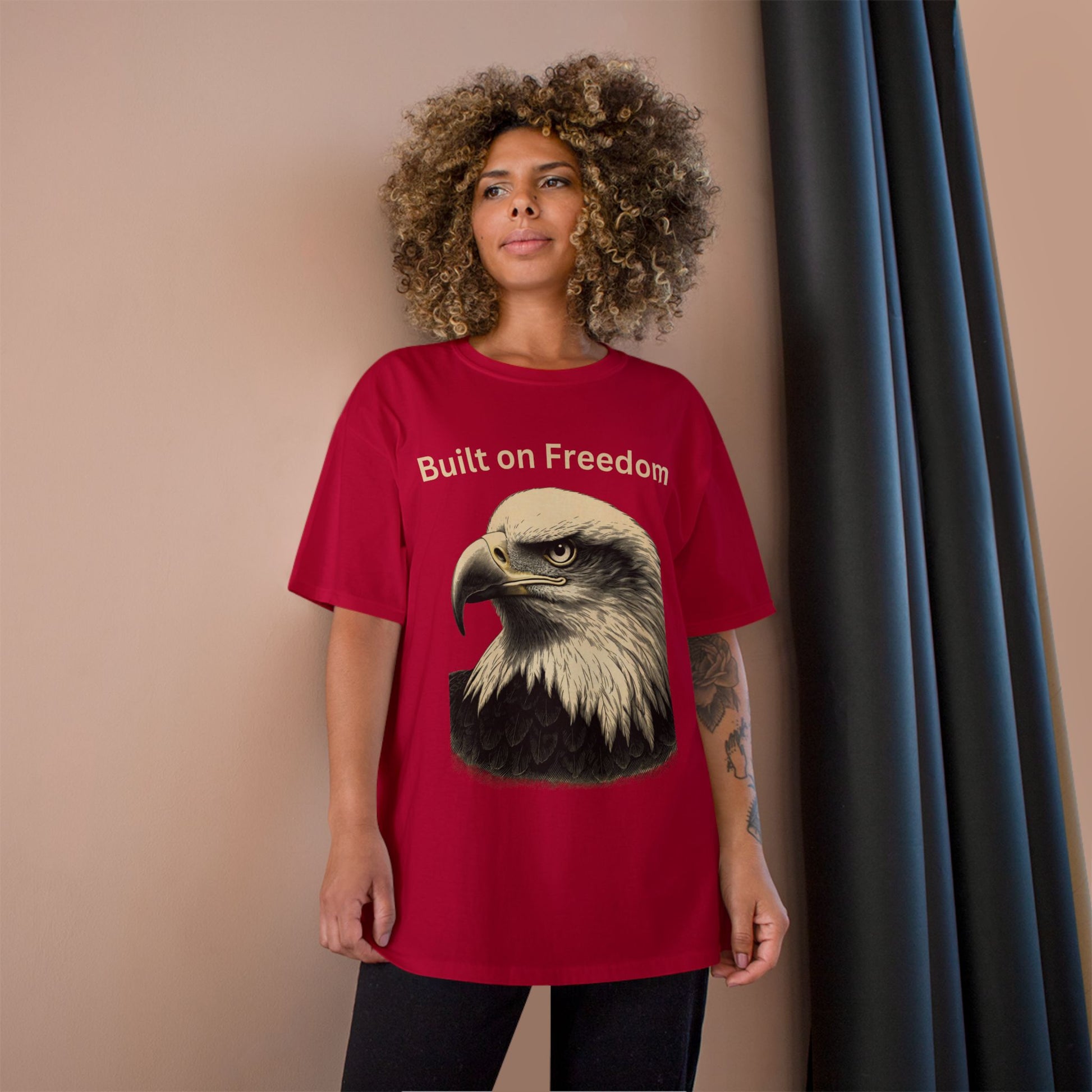 Engraved Eagle - Built on Freedom - text on the top of a Champion Tee