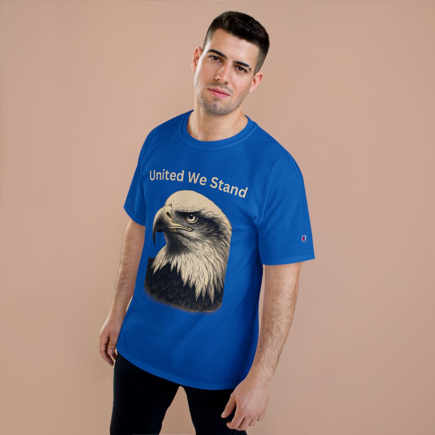 Engraved Eagle - United We Stand - text on the top of a Champion Tee