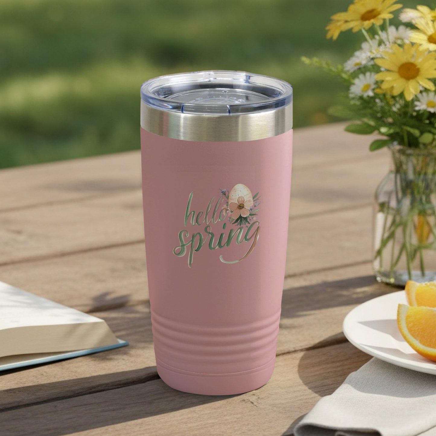 Pink Tumbler with Hello Spring Design 20 ounce