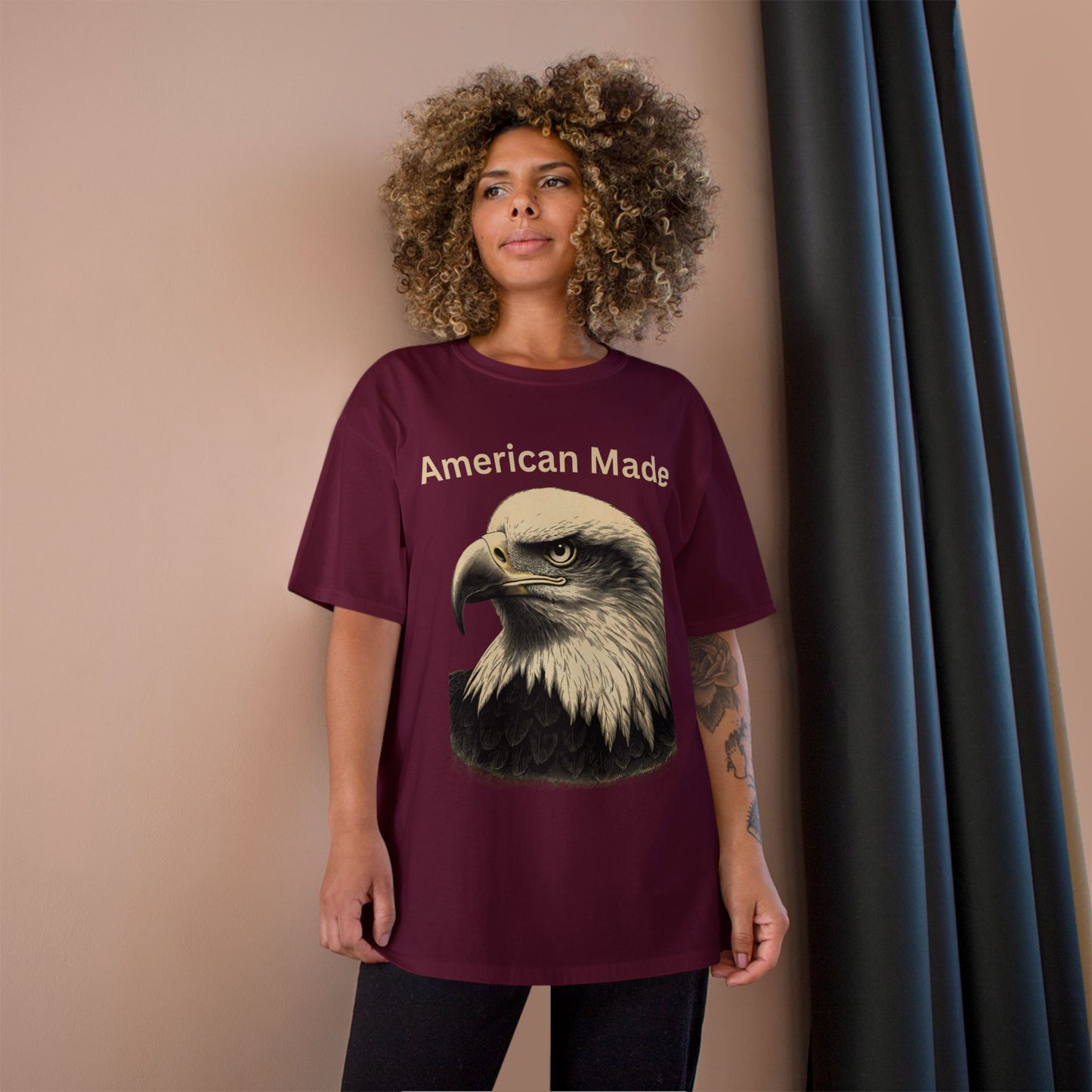 Engraved Eagle - American Made - text on the top of a Champion Tee
