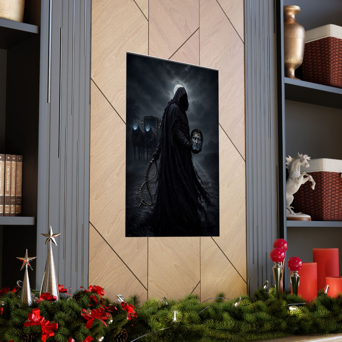 Grim Reaper figure holding severed head with horses and carriage in background.