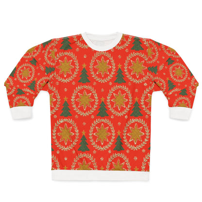 Red sweatshirt with repeating Christmas tree and star wreath pattern.