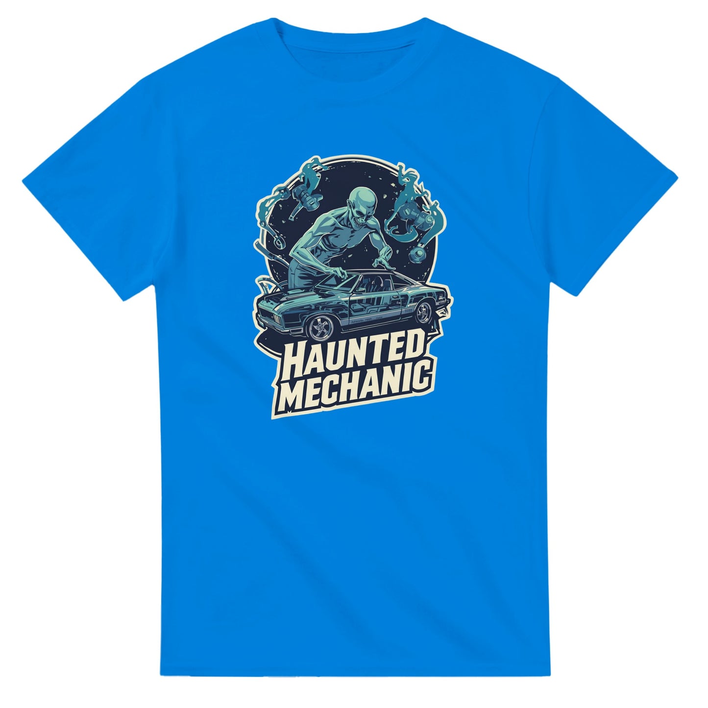 Haunted Mechanic graphic design on a Heavyweight T-shirt