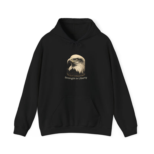 Strength in Liberty text beneath an eagle head on a Pullover Hoodie