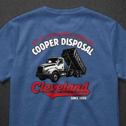 T-shirt with Cooper Disposal truck graphic and "Cleveland Since 2006" text.