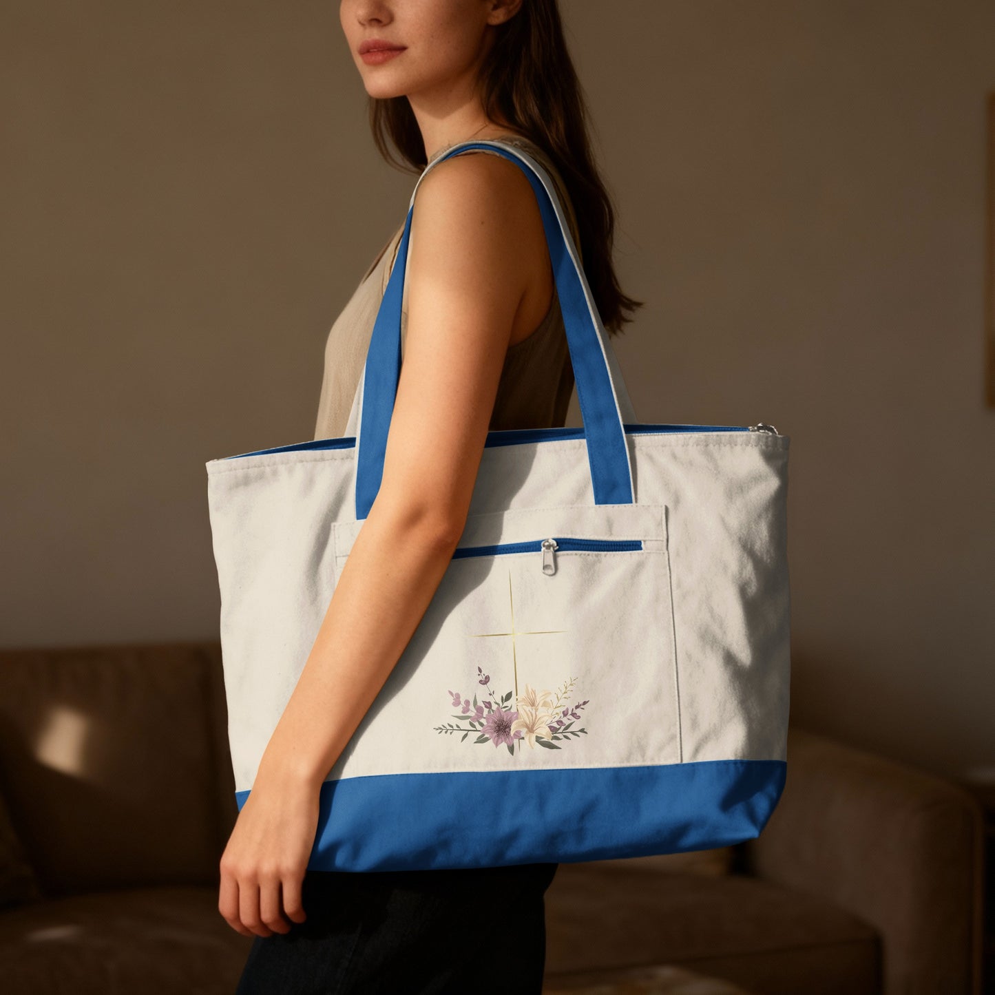 Elegant Floral Cross Design Cream Blue Tote Bag product type