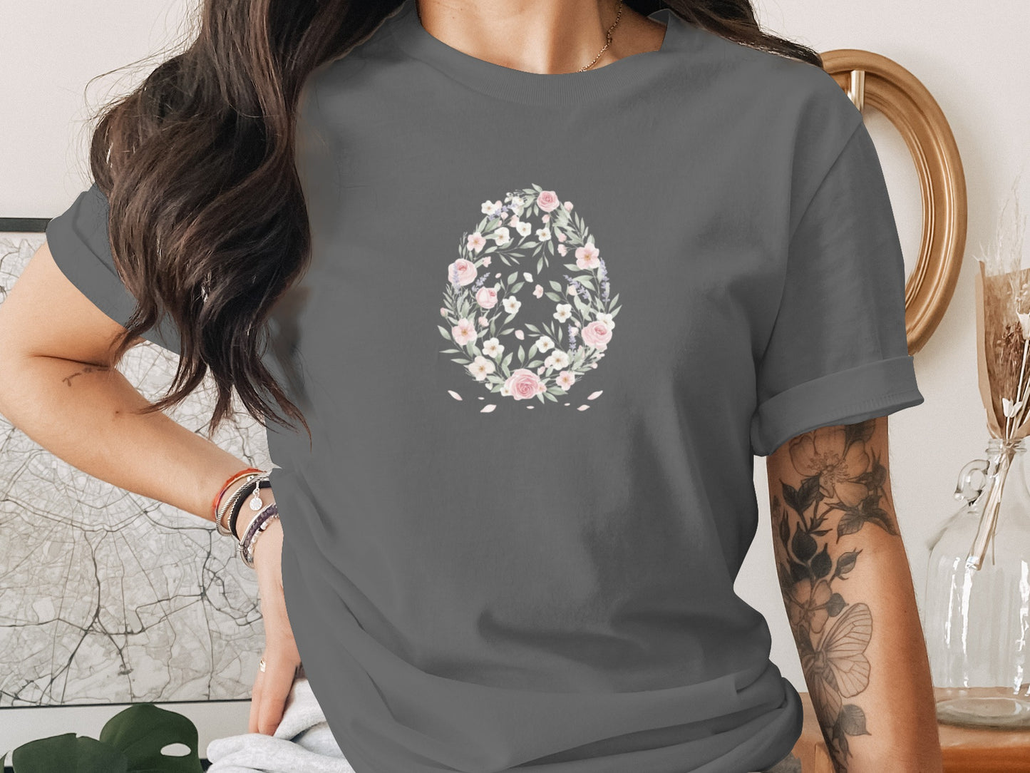 Floral Easter Egg Design T-Shirt for Women Apparel