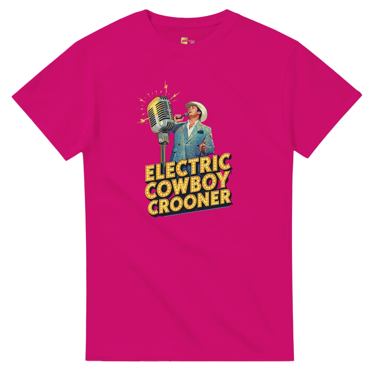 Person wearing a blue t-shirt with 'Electric Cowboy Crooner' design in a mall setting