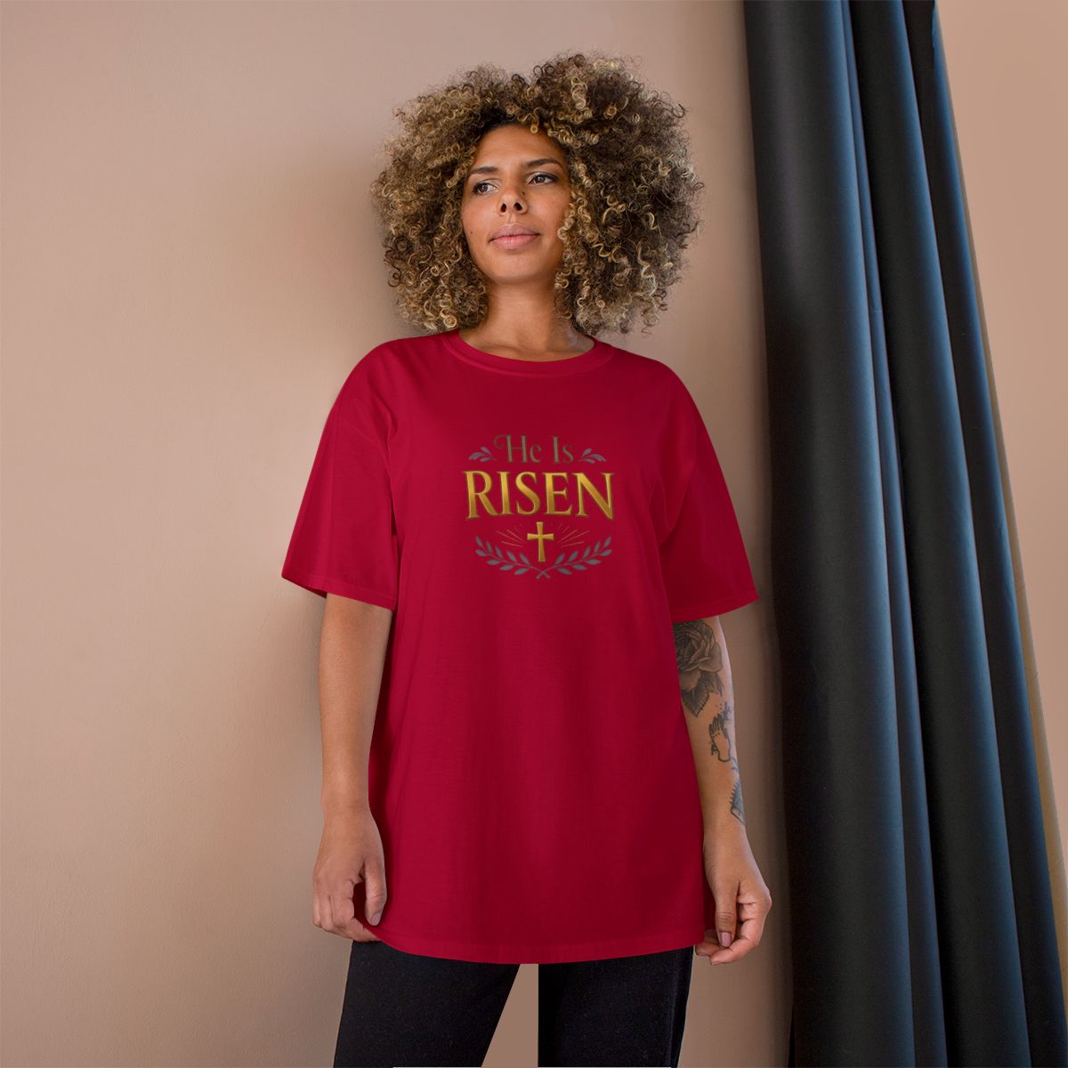 He Is RISEN Cross Laurel Wreath Red Graphic product type