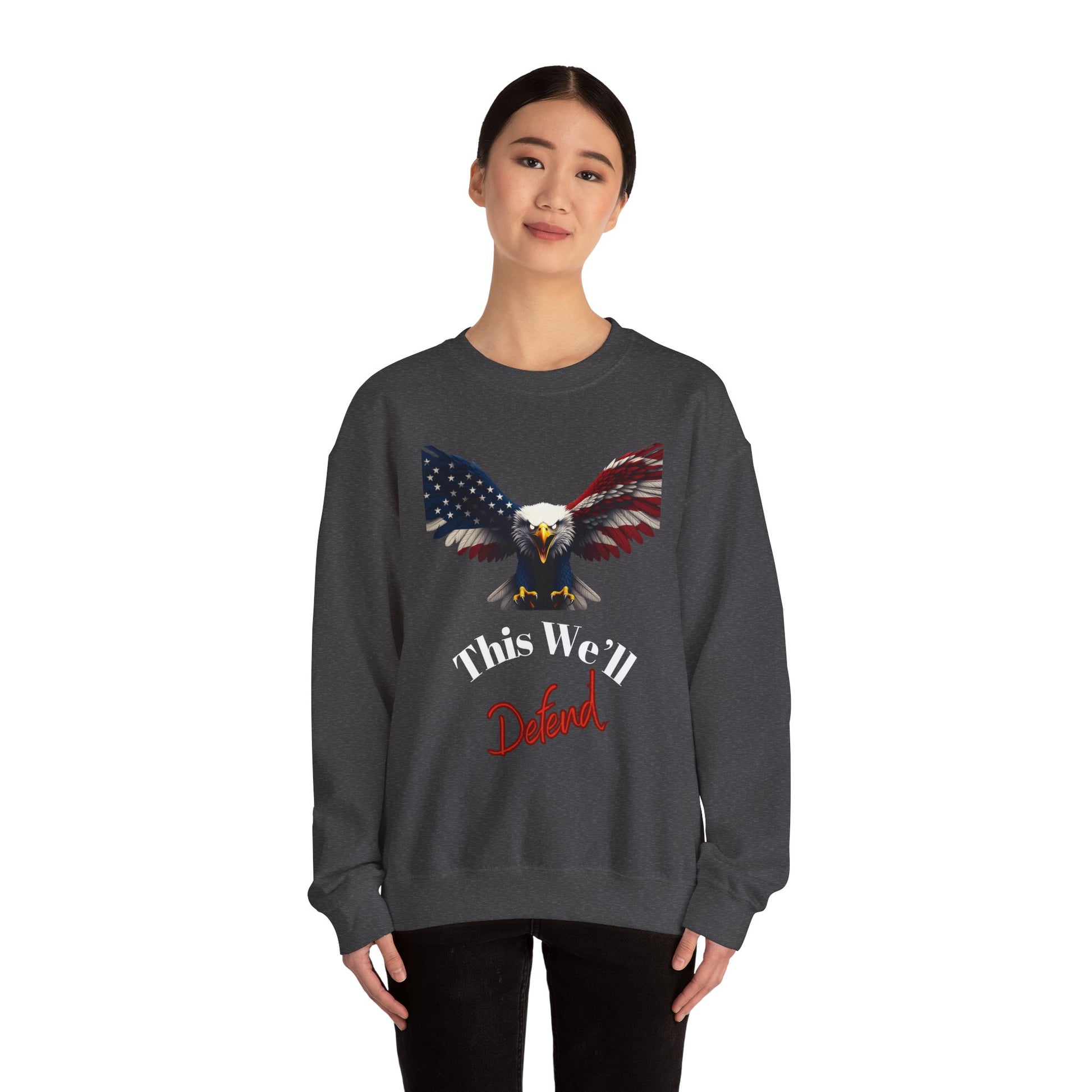 This We'll Defend Patriotic Eagle text on a Crewneck Sweatshirt