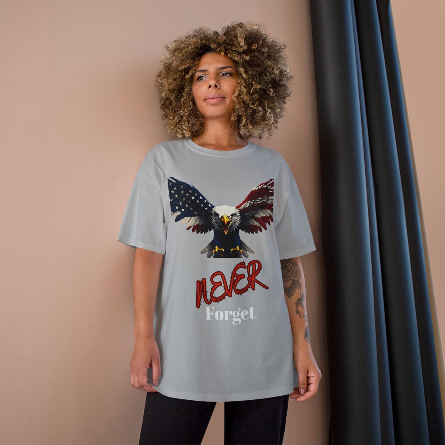 Never Forget Patriotic Eagle on a Champion T-shirt