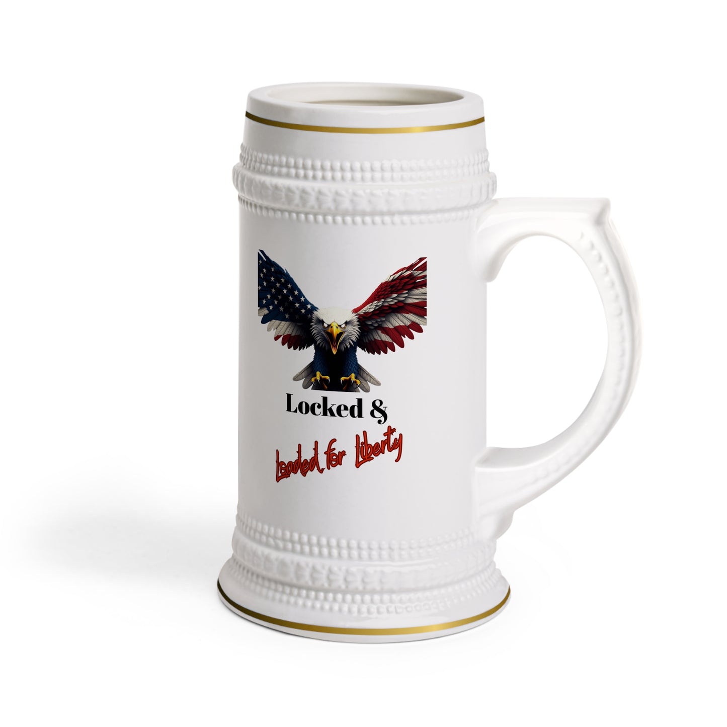 Locked & Loaded For Liberty Patriotic Eagle on a 22oz Ceramic Beer Stein