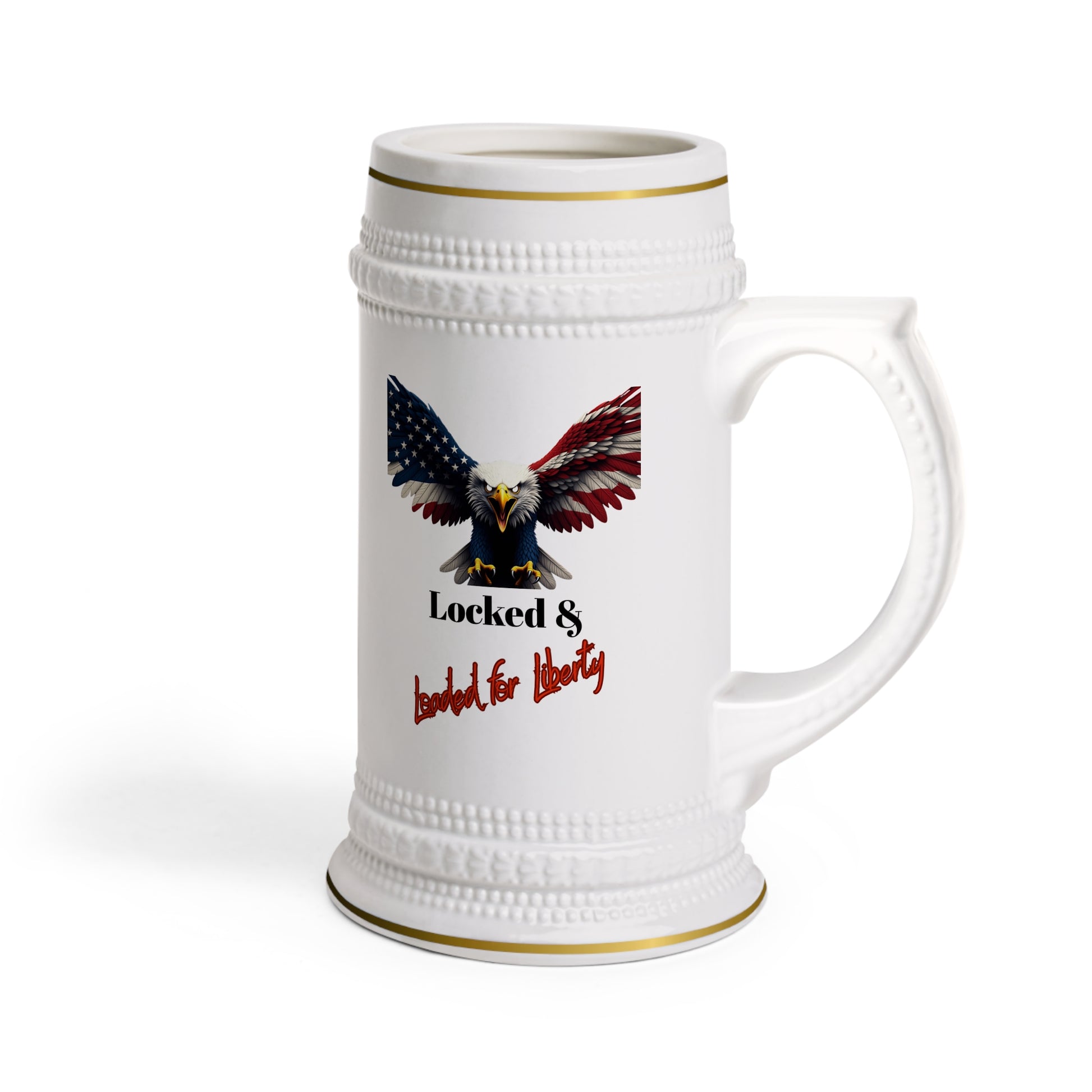 Locked & Loaded For Liberty Patriotic Eagle on a 22oz Ceramic Beer Stein