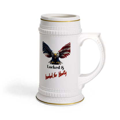 Locked & Loaded For Liberty Patriotic Eagle on a 22oz Ceramic Beer Stein